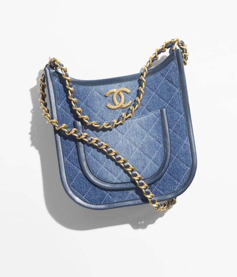 Chanel HOBO HANDBAG Washed Denim & Gold-Tone Metal Blue