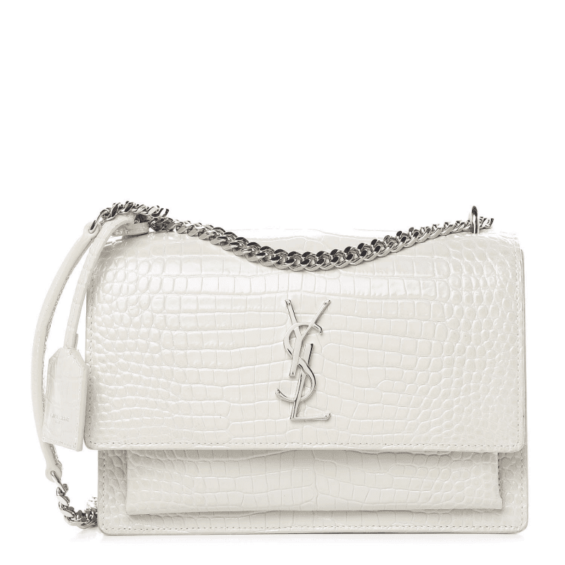 SAINT LAURENT Calfskin Crocodile Embossed Medium Monogram Sunset Icy White